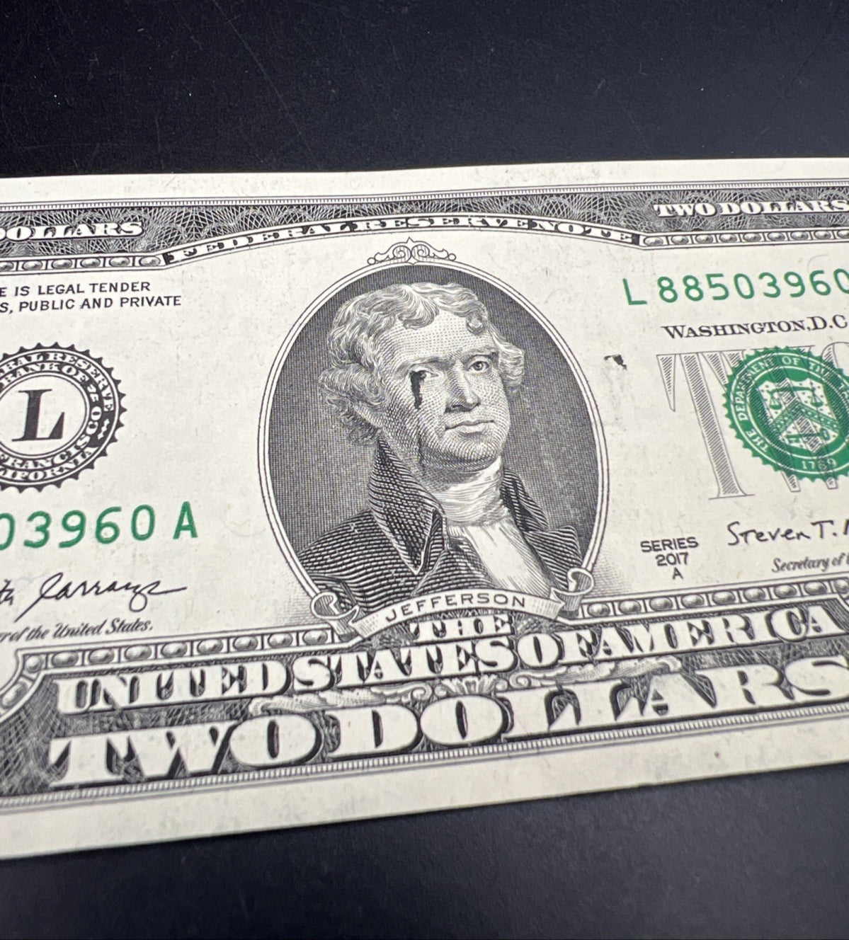 Ink Smear Error Obverse 2017 A $2 FRN Federal Reserve Note CH UNC #885