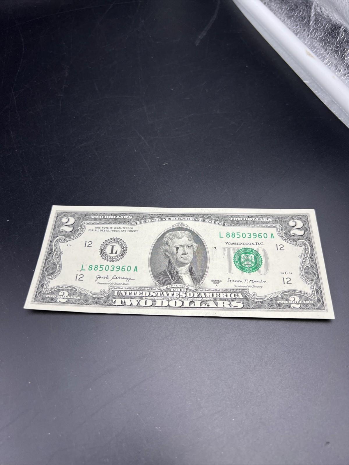 Ink Smear Error Obverse 2017 A $2 FRN Federal Reserve Note CH UNC #885