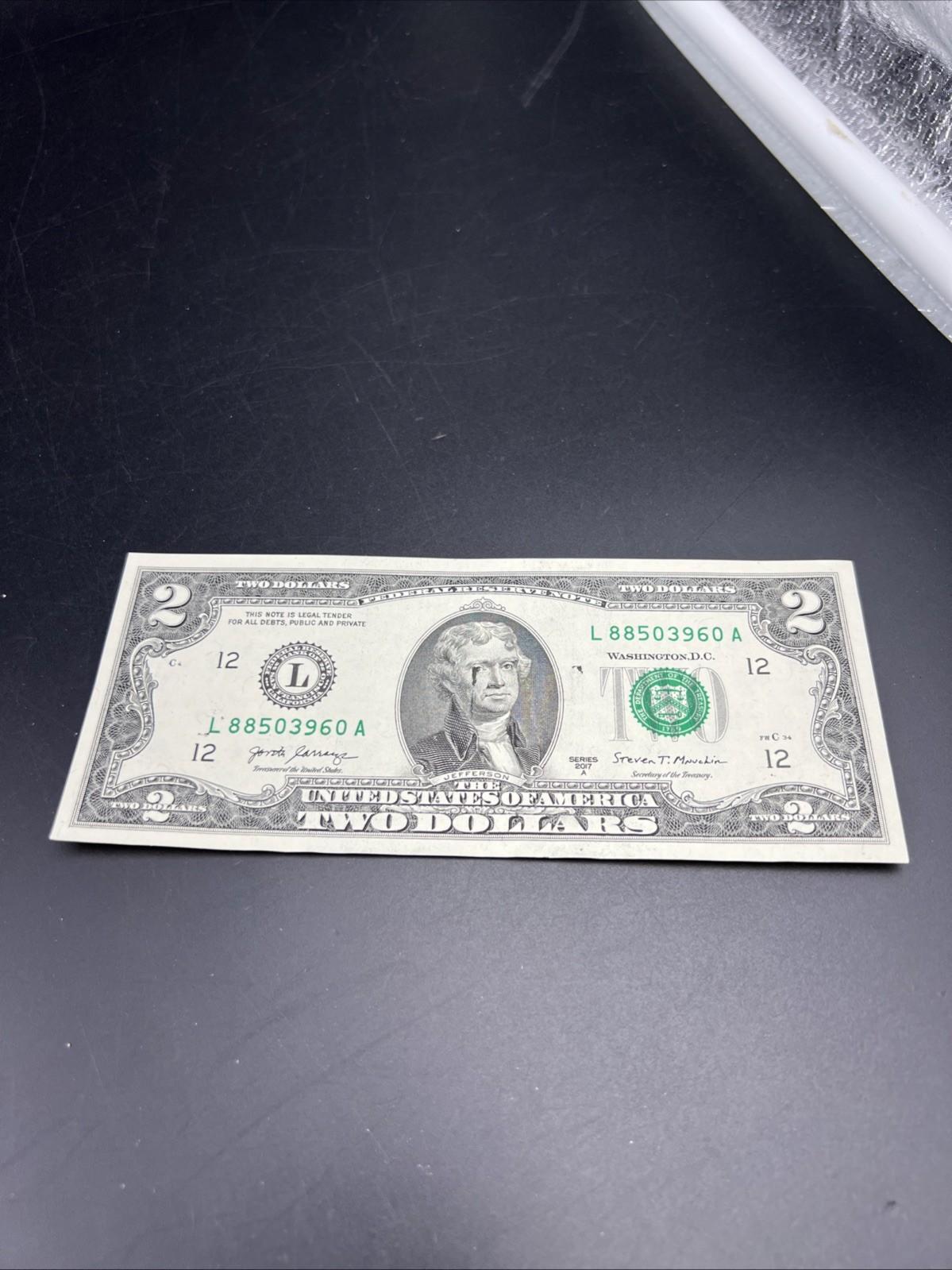 Ink Smear Error Obverse 2017 A $2 FRN Federal Reserve Note CH UNC #885