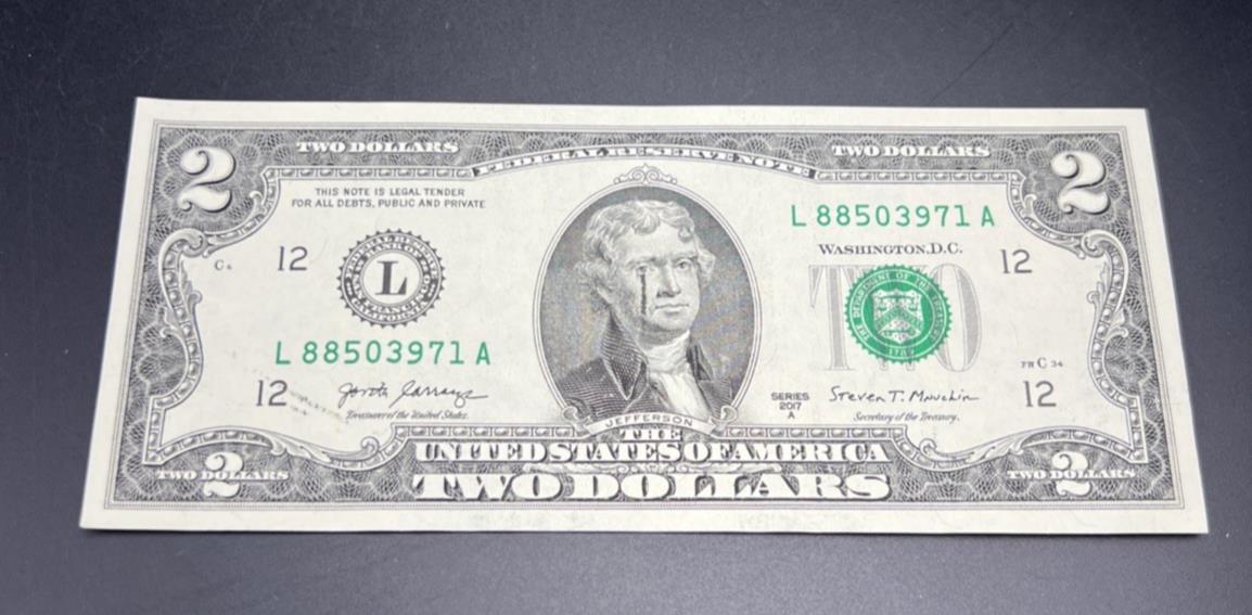 Ink Smear Error Obverse 2017 A $2 FRN Federal Reserve Note CH UNC #71