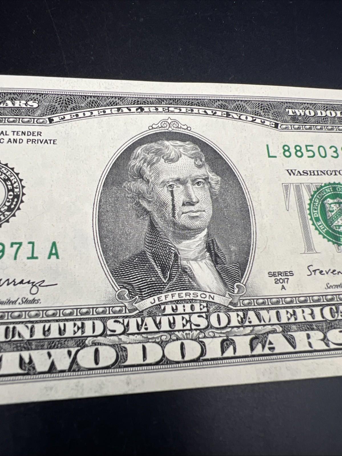 Ink Smear Error Obverse 2017 A $2 FRN Federal Reserve Note CH UNC #71