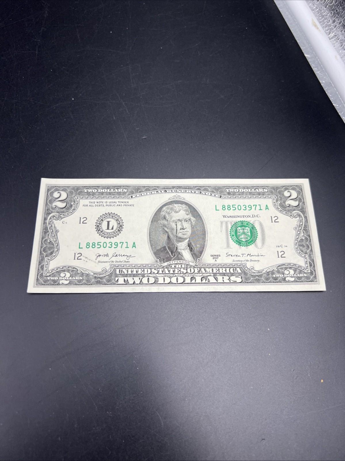 Ink Smear Error Obverse 2017 A $2 FRN Federal Reserve Note CH UNC #71