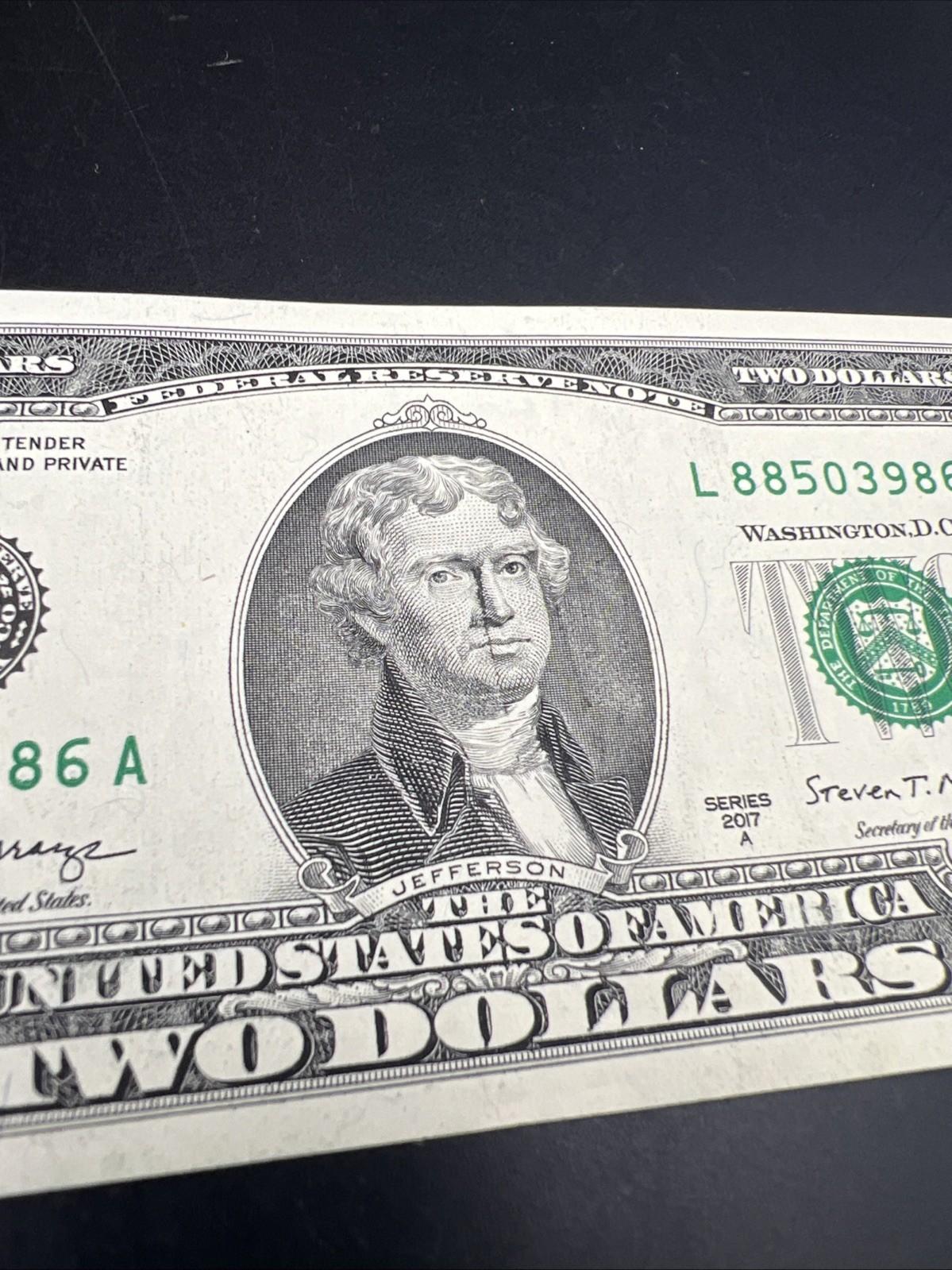 Ink Smear Error Obverse 2017 A $2 FRN Federal Reserve Note CH UNC #86