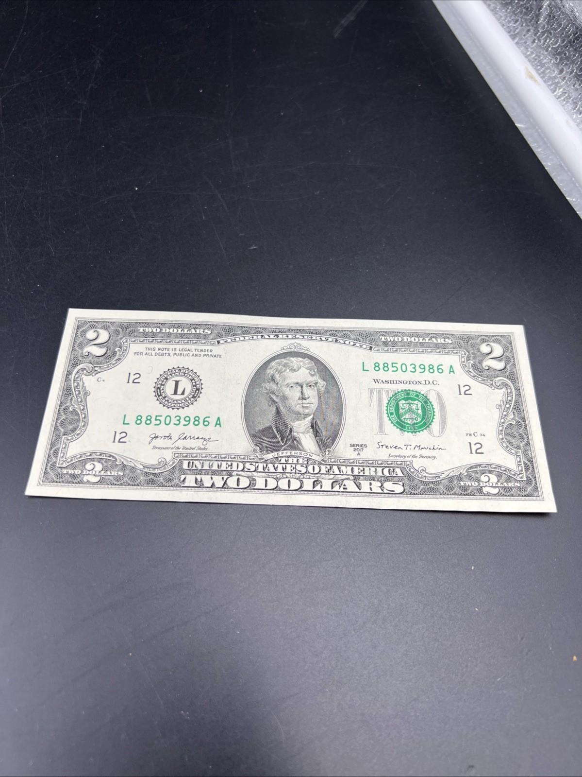 Ink Smear Error Obverse 2017 A $2 FRN Federal Reserve Note CH UNC #86