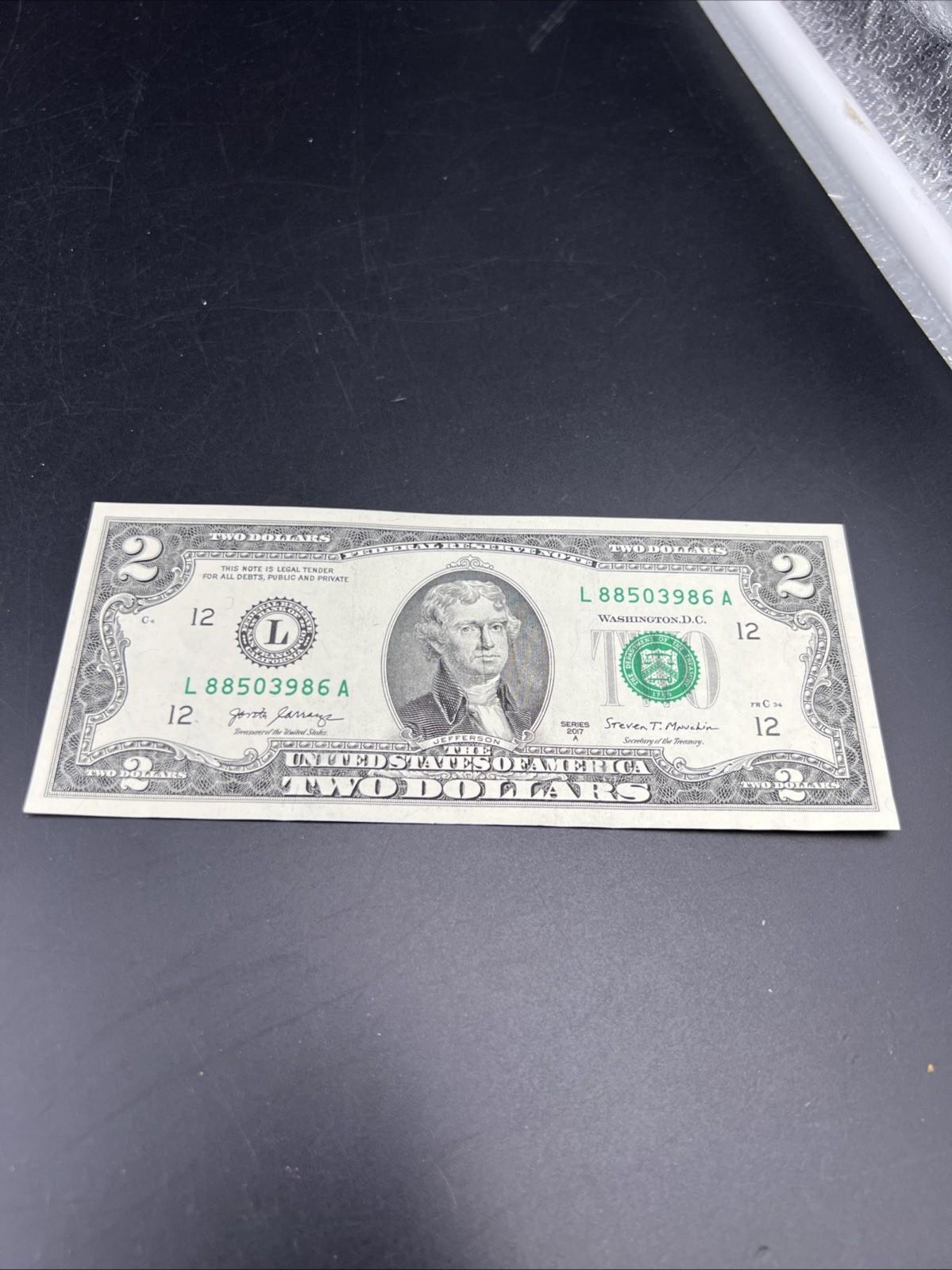 Ink Smear Error Obverse 2017 A $2 FRN Federal Reserve Note CH UNC #86