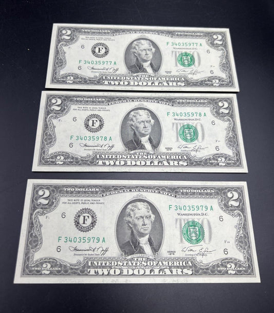 3 Consecutive 1976 FRN Two Dollar Bicentennial Atlanta Federal Reserve Notes #79