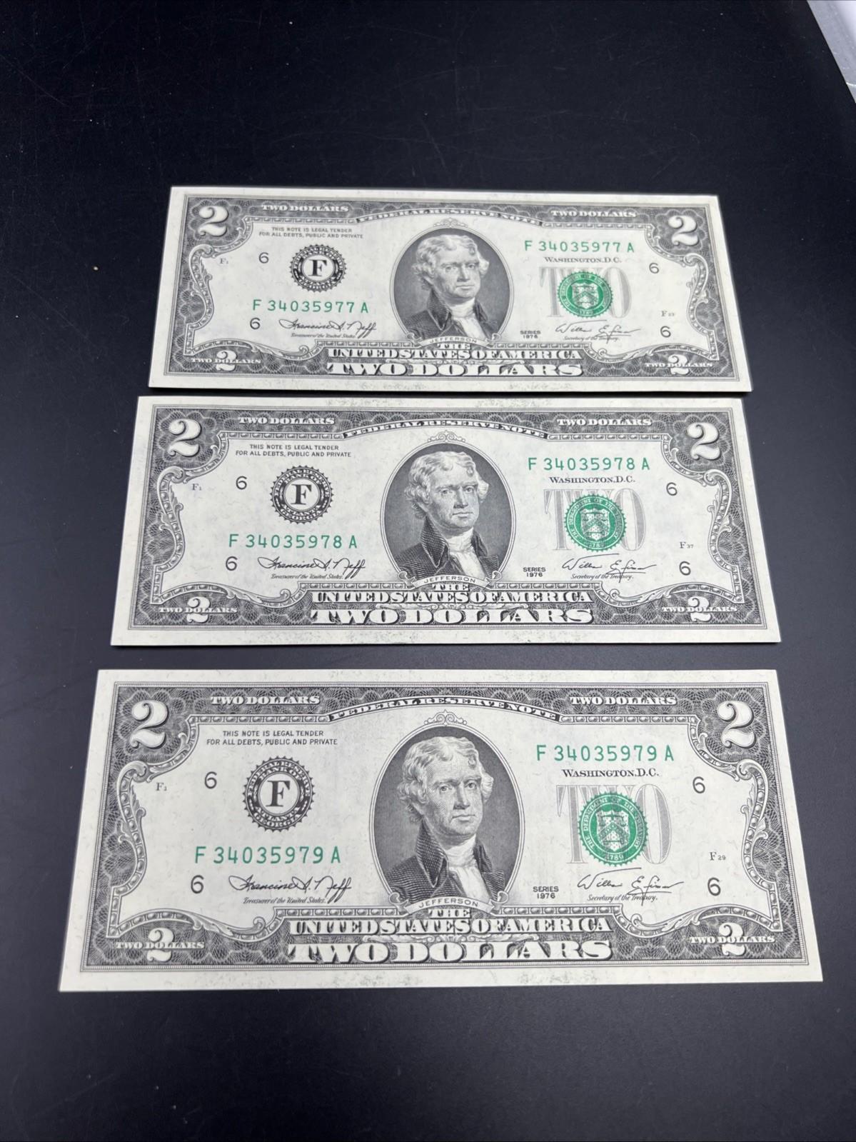 3 Consecutive 1976 FRN Two Dollar Bicentennial Atlanta Federal Reserve Notes #79