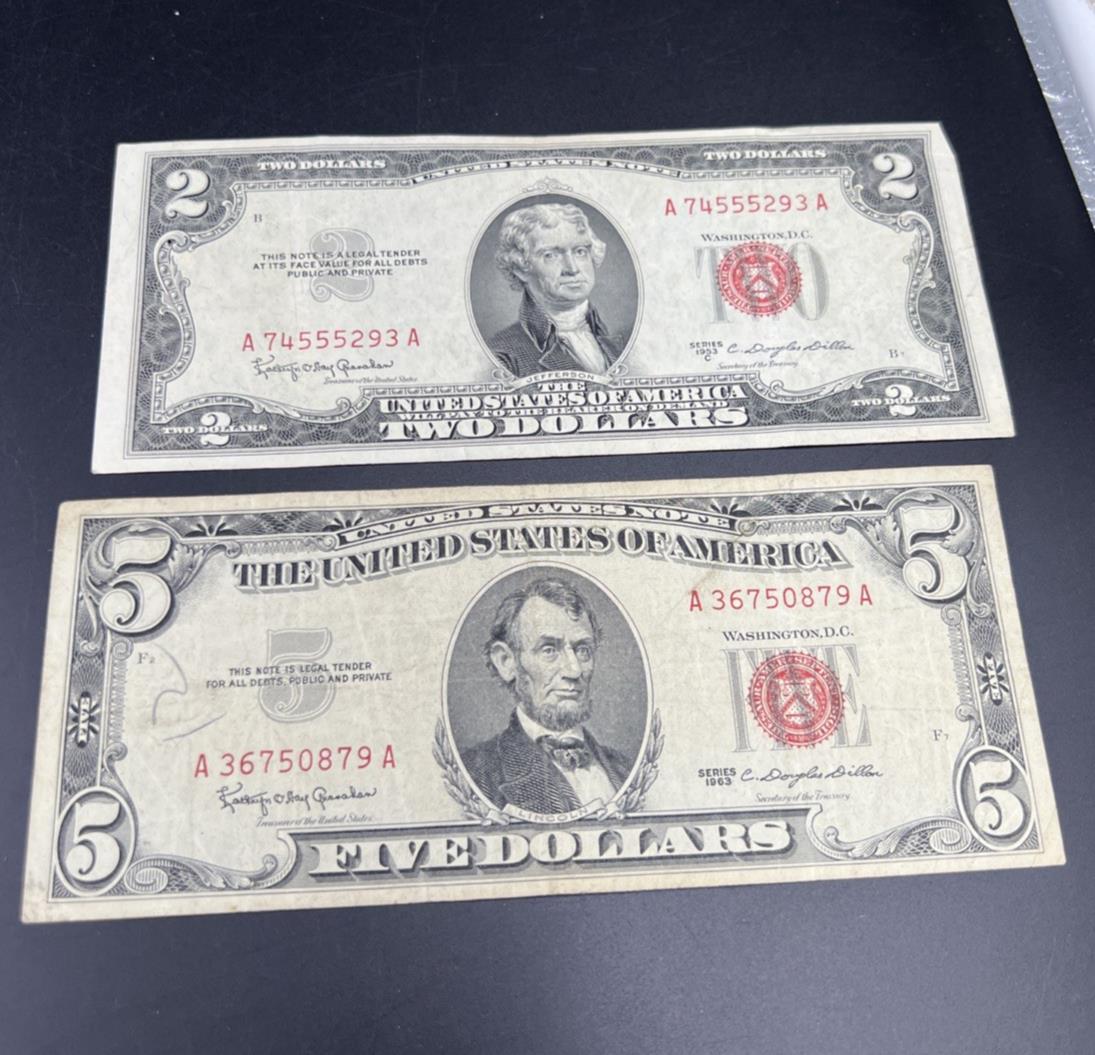 2 Note United States Legal Tender Red Seal Set 1963 $2 & $5 Bills Very Circ #879