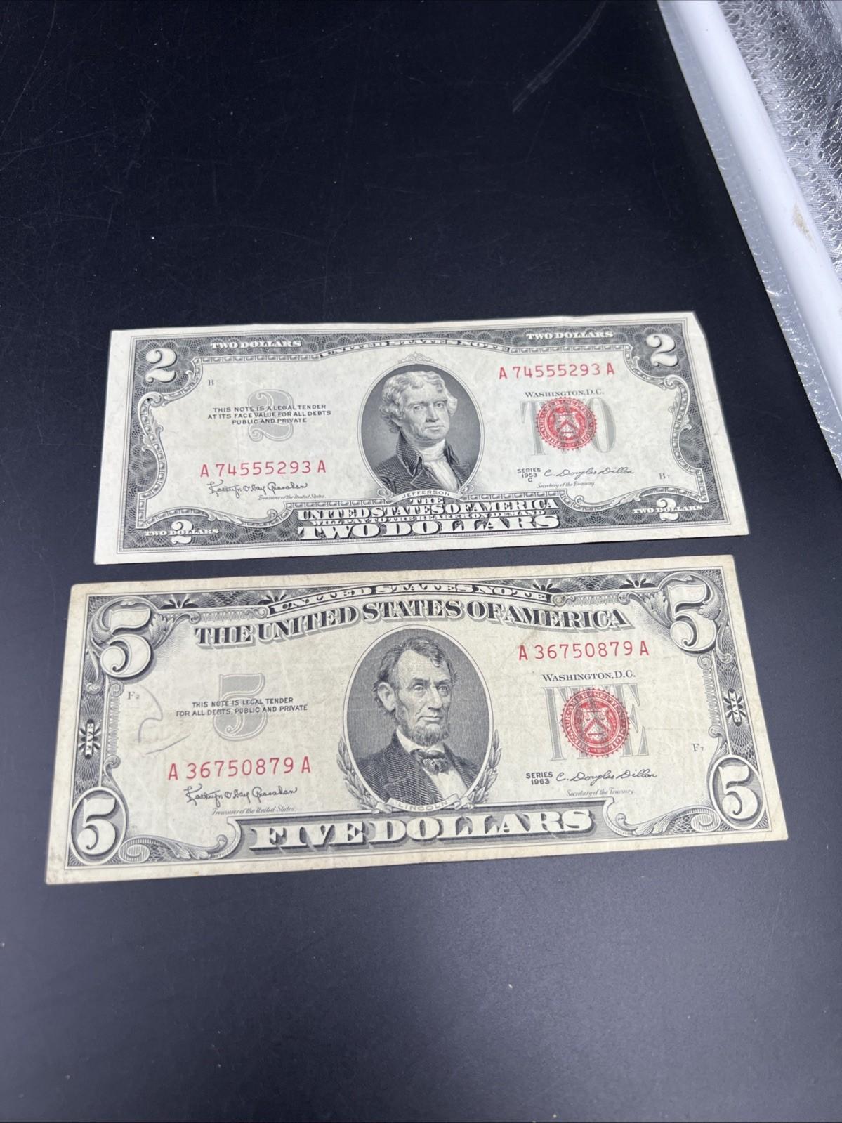 2 Note United States Legal Tender Red Seal Set 1963 $2 & $5 Bills Very Circ #879