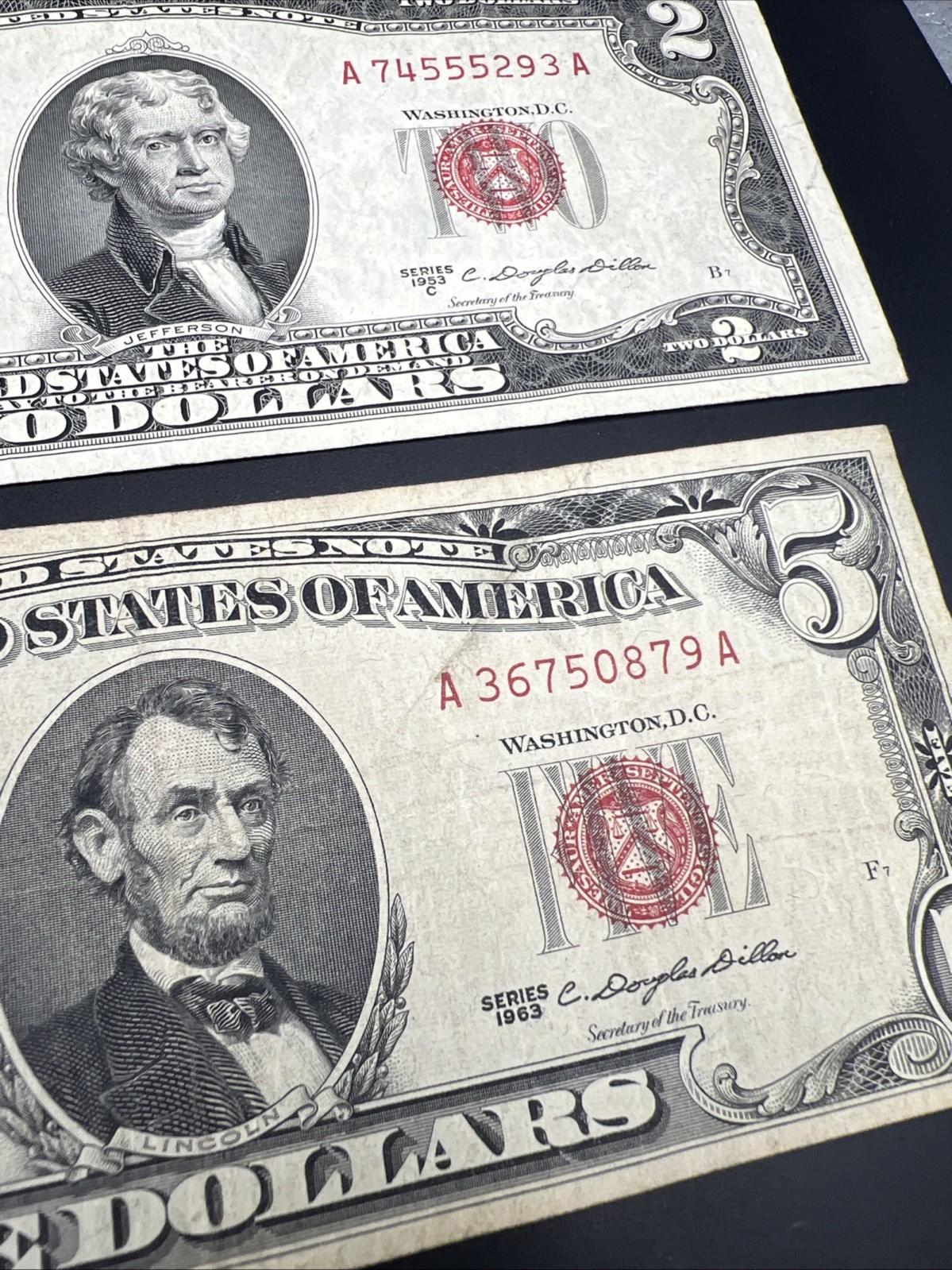 2 Note United States Legal Tender Red Seal Set 1963 $2 & $5 Bills Very Circ #879