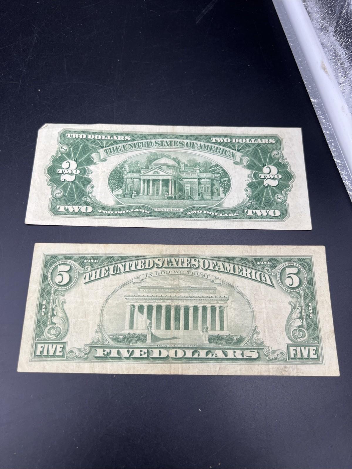 2 Note United States Legal Tender Red Seal Set 1963 $2 & $5 Bills Very Circ #879