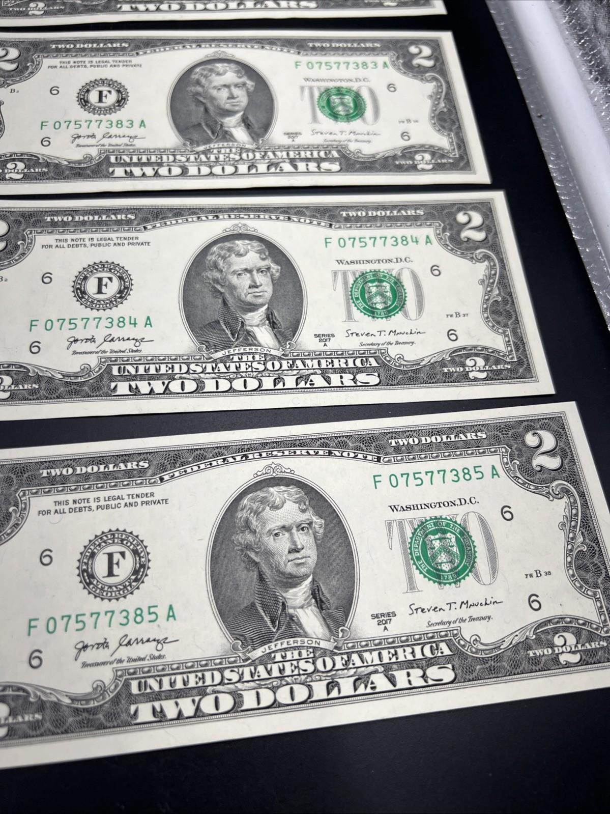 7 Consecutive 2017 A $2 Two Dollar FRN Federal Reserve Notes CH UNC #85