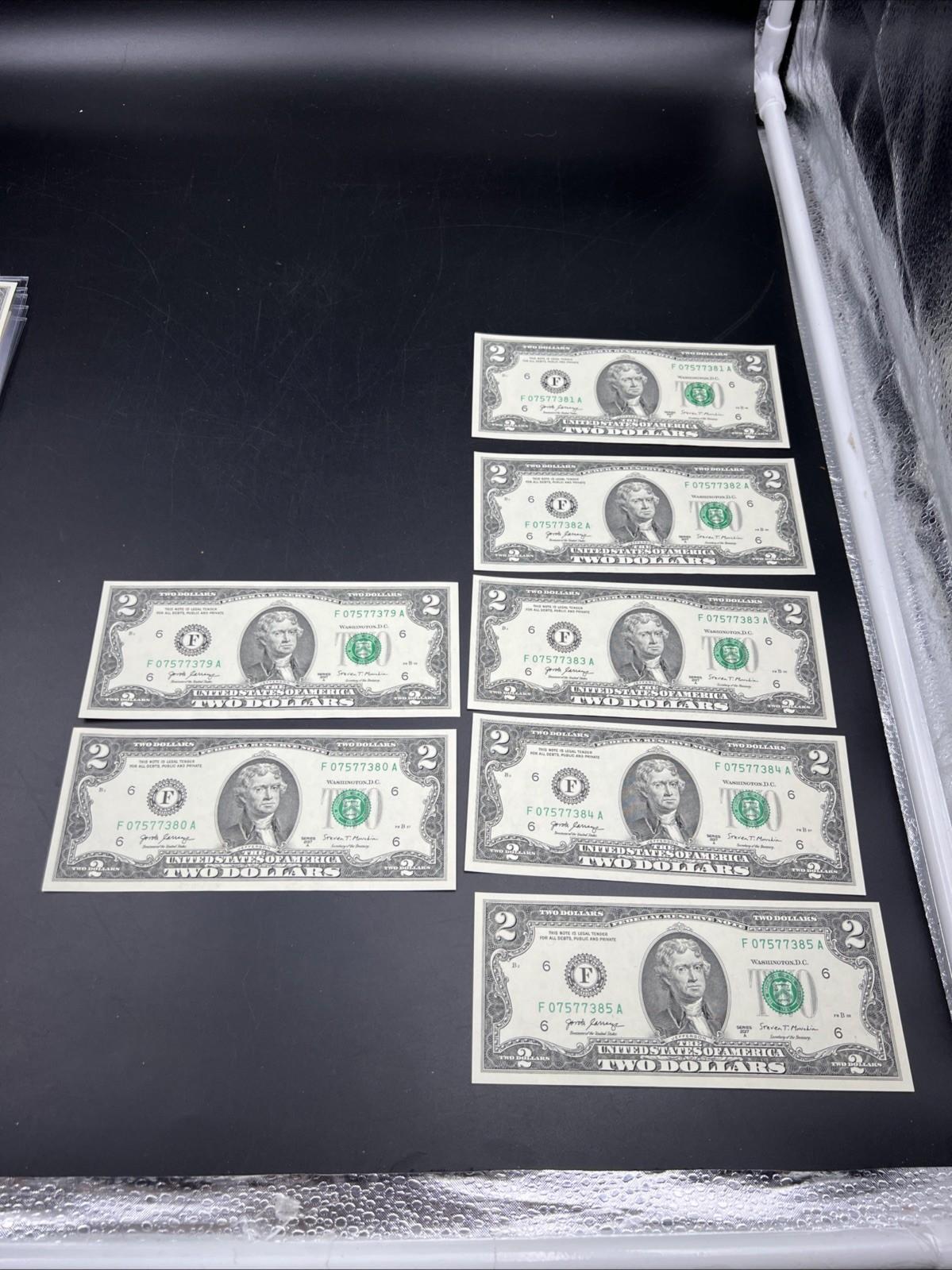 7 Consecutive 2017 A $2 Two Dollar FRN Federal Reserve Notes CH UNC #85