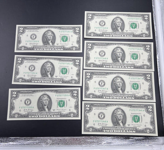 7 Consecutive 2017 A $2 FRN Federal Reserve Note CH UNC #346