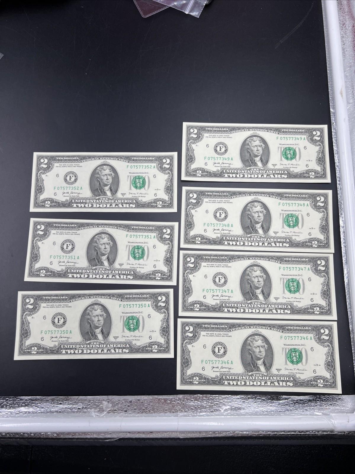 7 Consecutive 2017 A $2 FRN Federal Reserve Note CH UNC #346