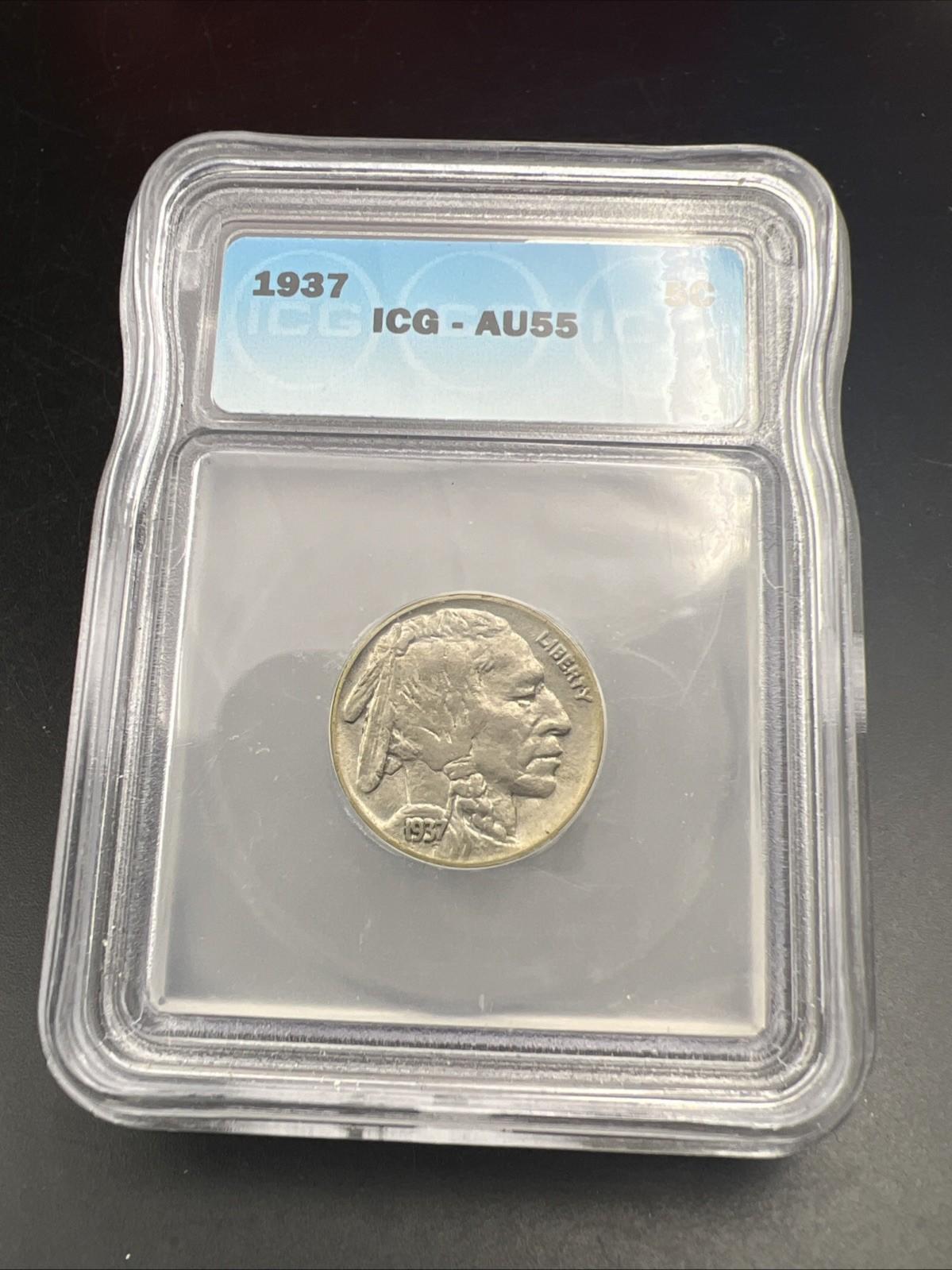 1937 5c Buffalo Nickel Coin ICG AU55 About Unc Certified