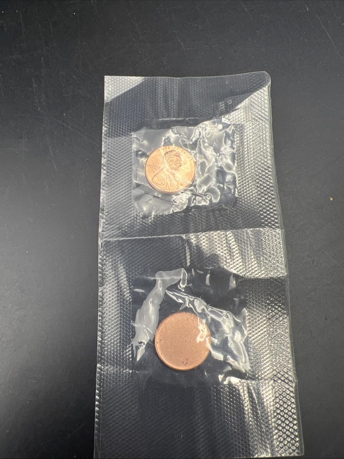 Blank Cent Error 1c Coin & 2008 1c BU 2 Coin Set in Sample Cello