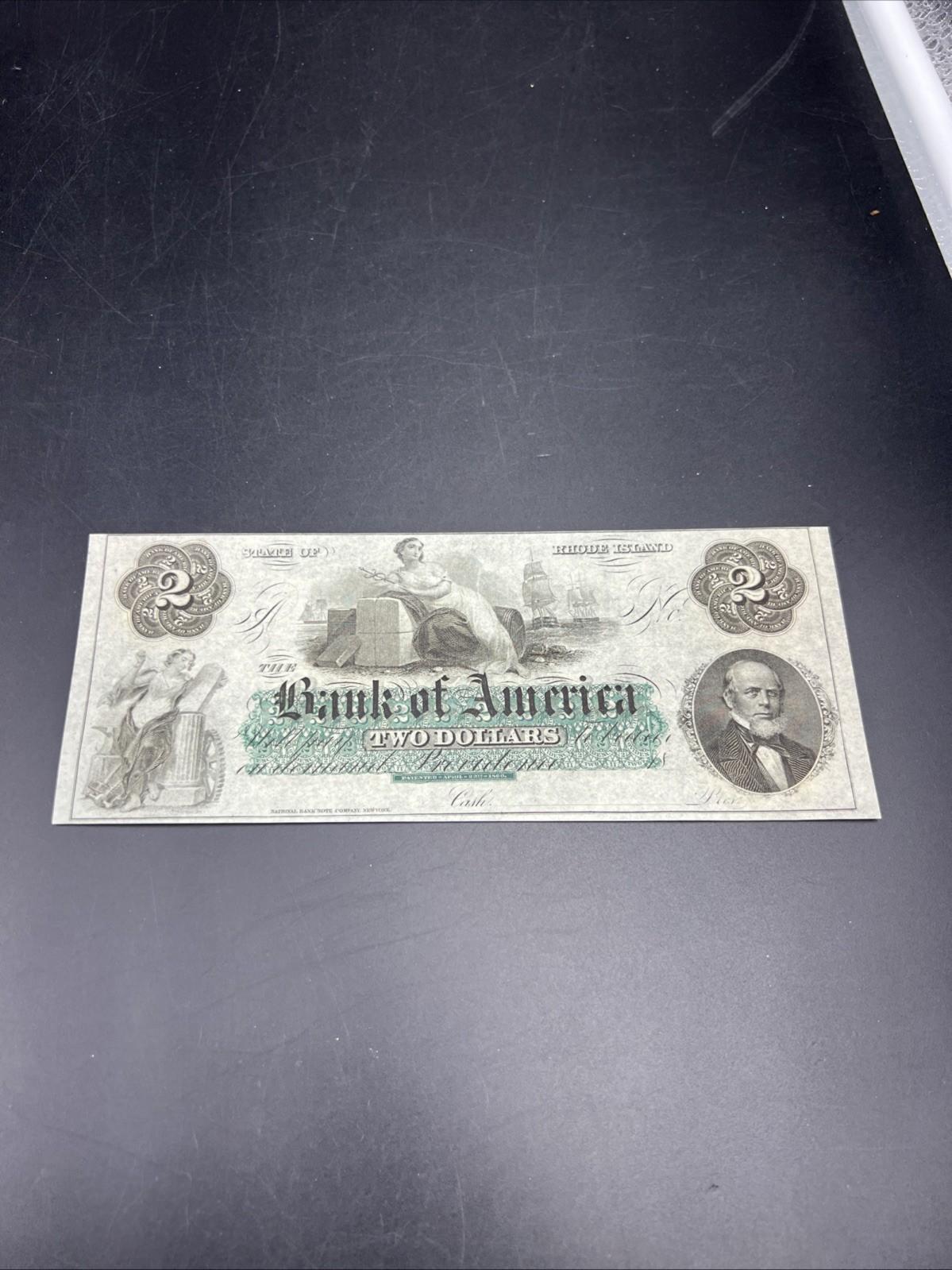 1860 $2 THE BANK OF AMERICA Providence RI OBSOLETE Two Dollar Bill CH UNC EPPQ B
