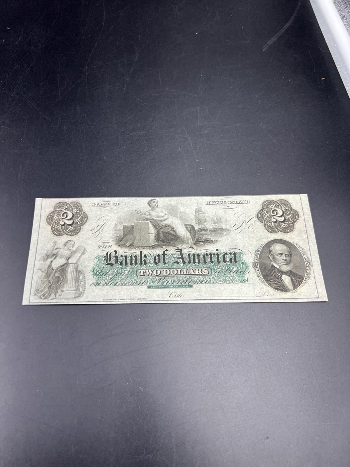 1860 $2 THE BANK OF AMERICA Providence RI OBSOLETE Two Dollar Bill CH UNC EPPQ B