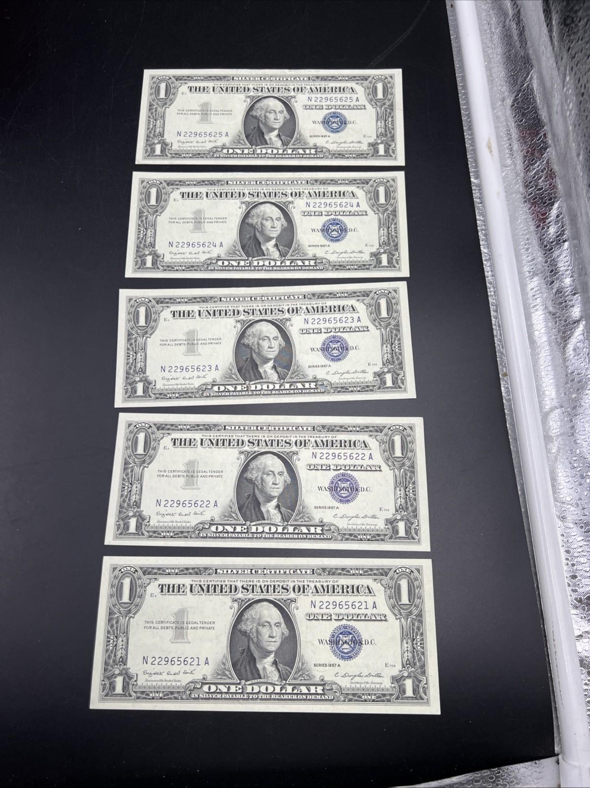 5 Consecutive 1957 A $1 Silver Certificates One Dollar Bills CH AU  #621
