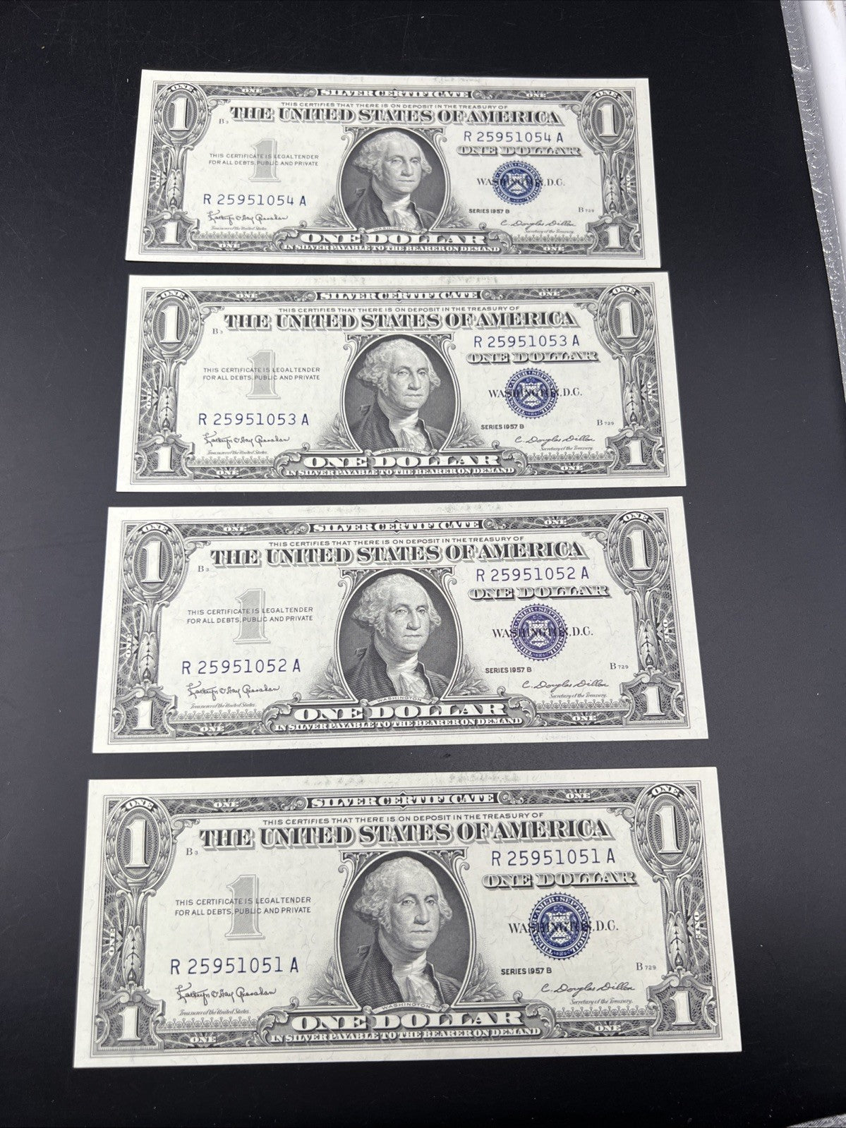 4 Consecutive 1957 B $1 Silver Certificates One Dollar Bills CH UNC #051