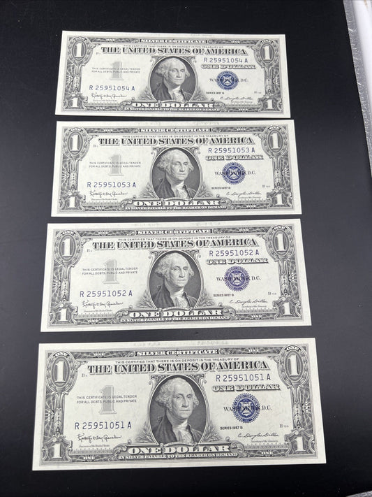 4 Consecutive 1957 B $1 Silver Certificates One Dollar Bills CH UNC #051