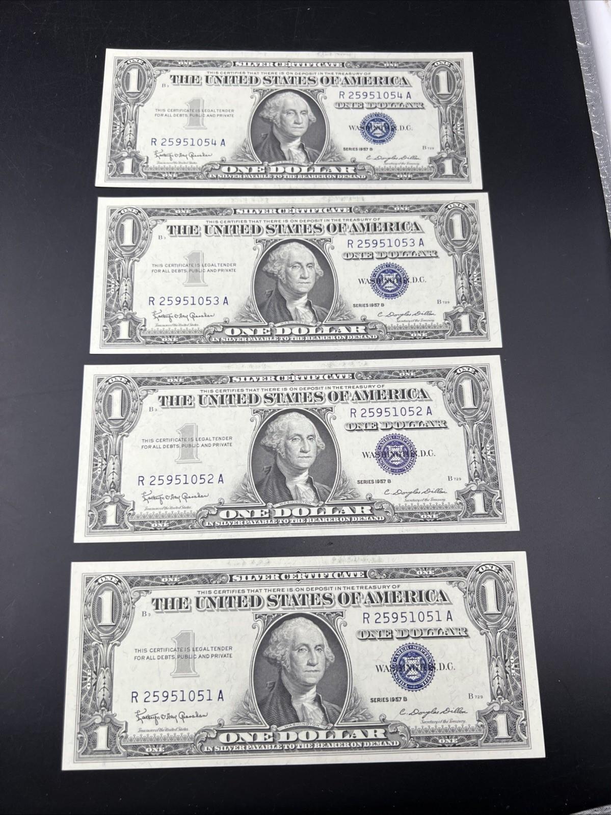 4 Consecutive 1957 B $1 Silver Certificates One Dollar Bills CH UNC #051