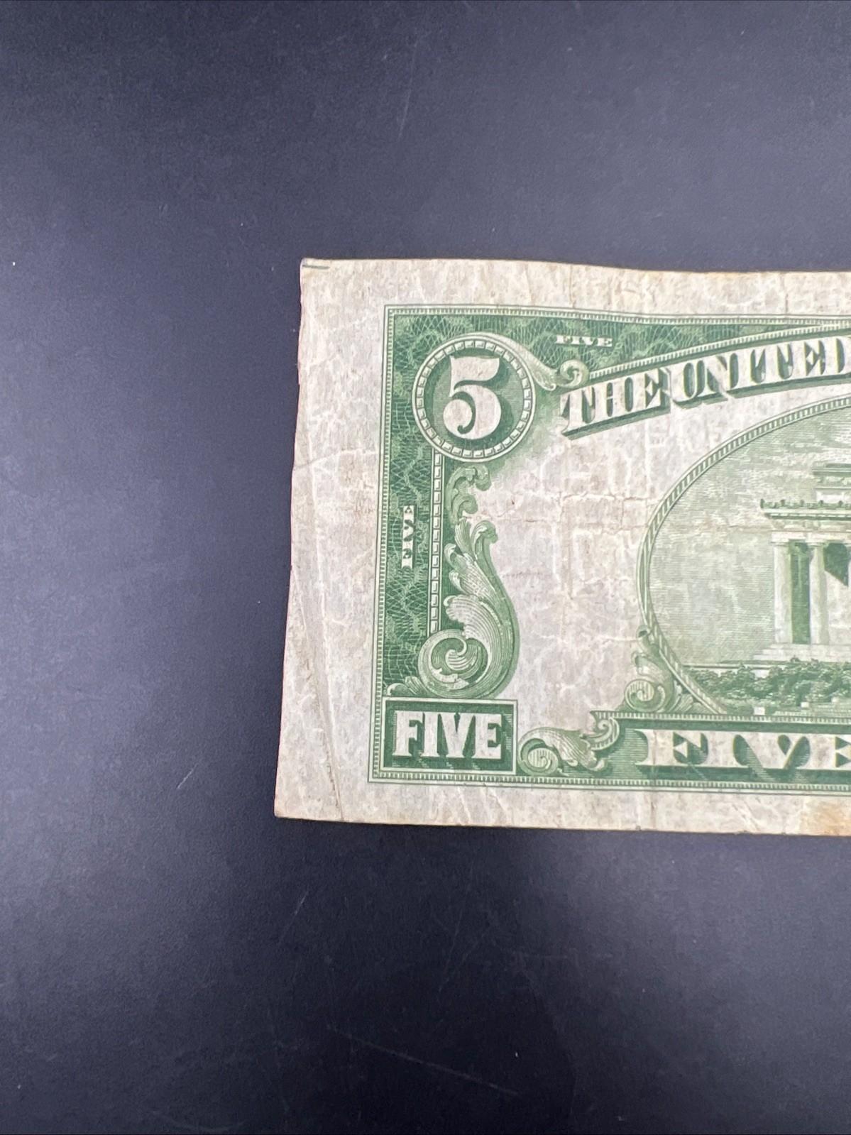 1934 A $5 Silver Certificate Note Blue Seal Bill VG Very Good Circ #148