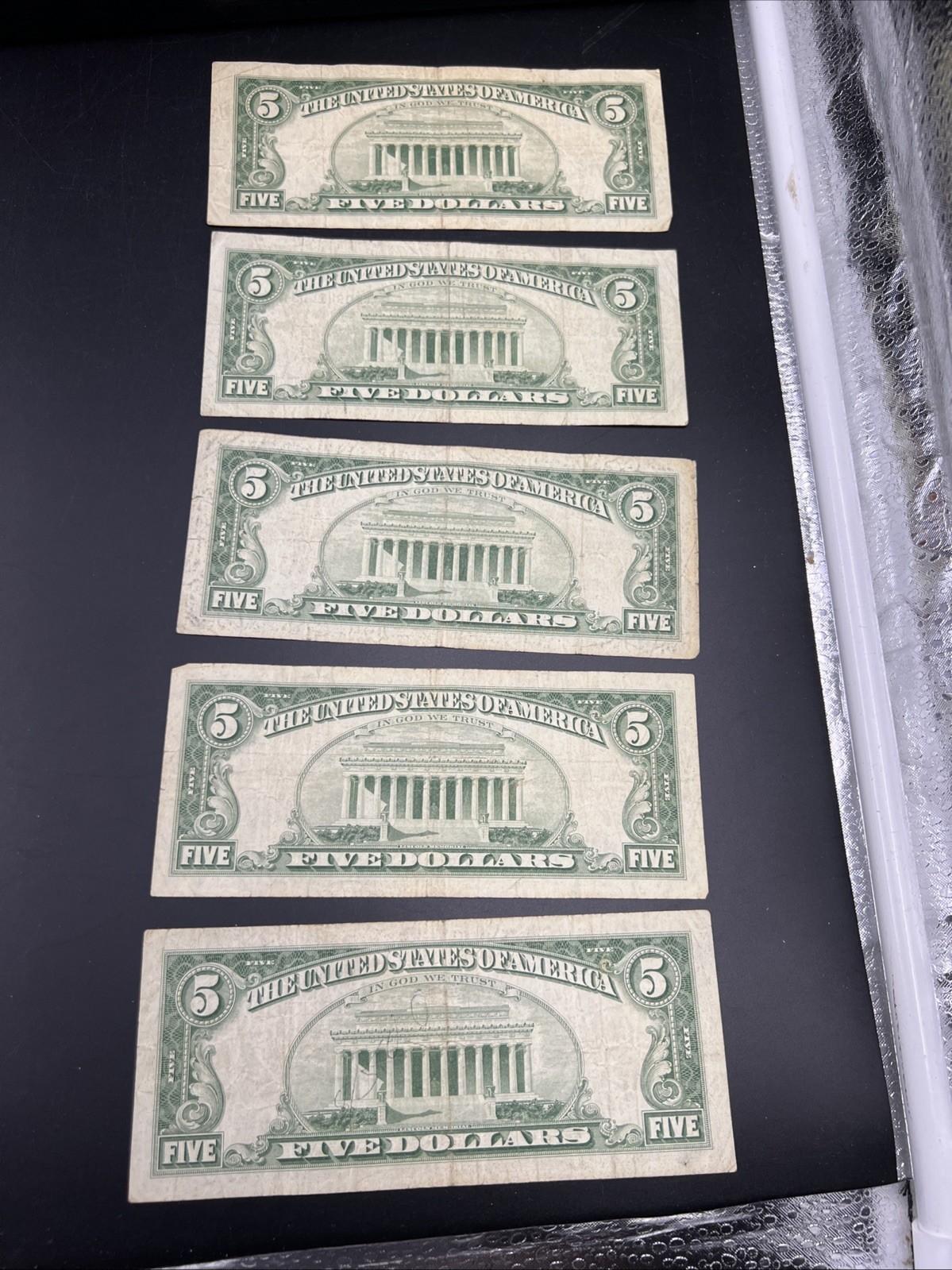 Lot of 5 1963 $5 Legal Tender United States Notes Red Seals VG / Fine #552