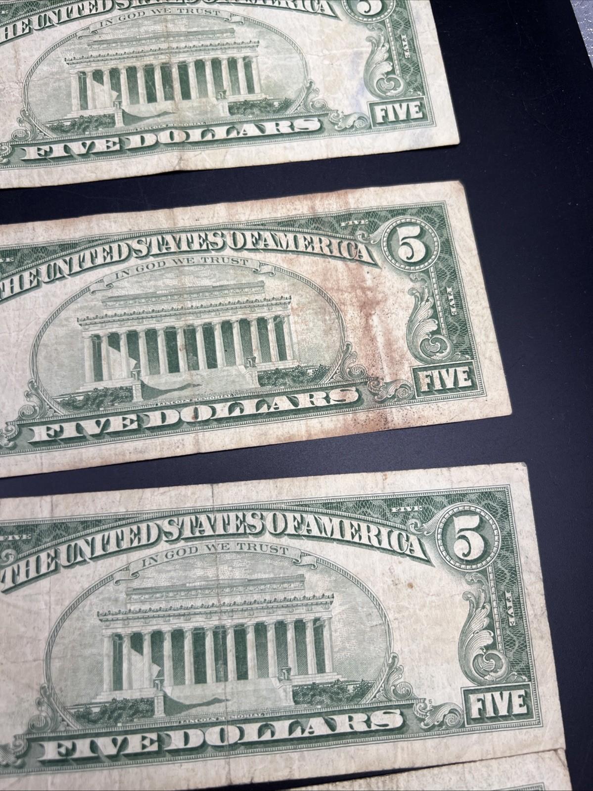 Lot of 5 1963 $5 Legal Tender United States Notes Red Seals Very Circ #490