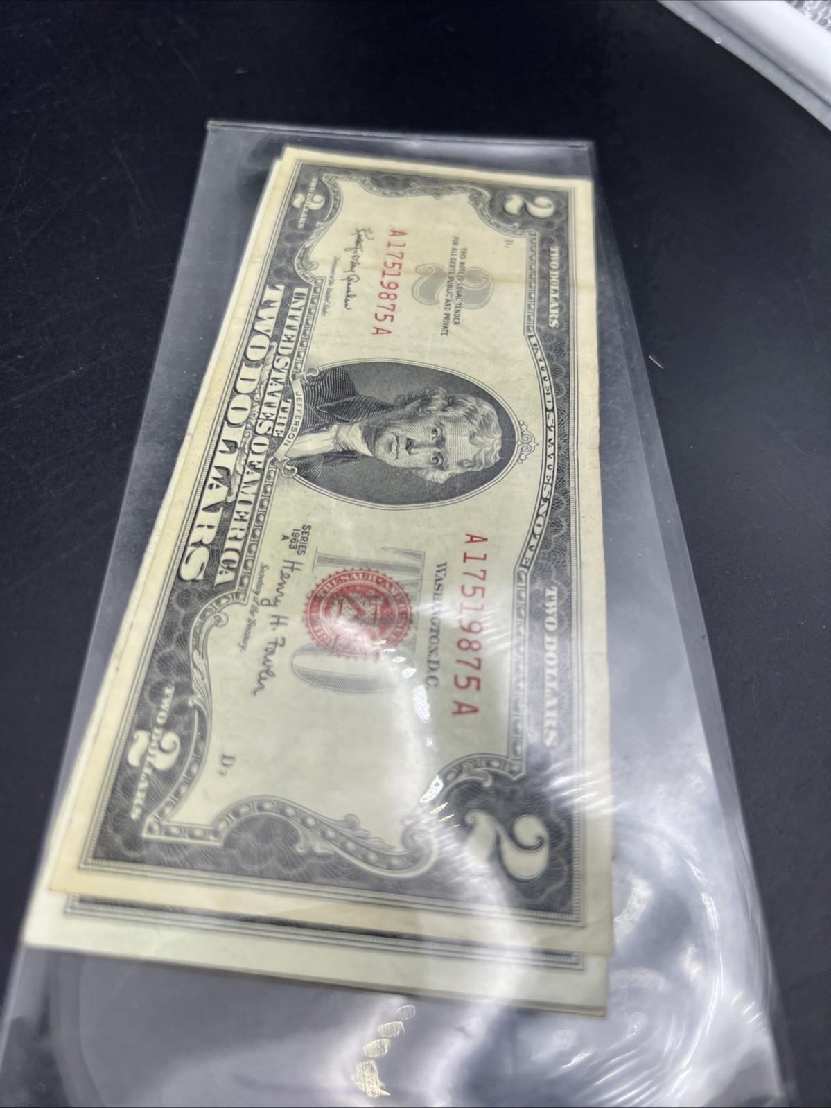 Lot 6 1963 & 1953 $2 Two Dollar Red Seal Bills Very Circulated Conditions #875