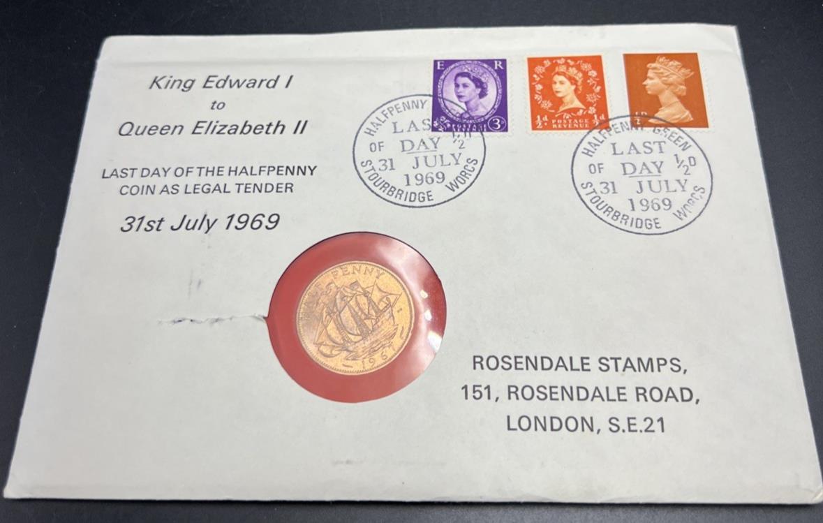 1967 English Half Penny UNC in July 1969 Last Day of Circulation Stamp Cover