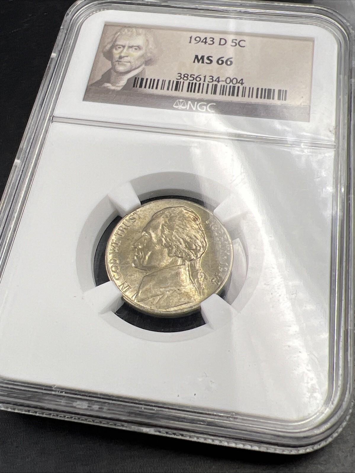 1943 D 5c Jefferson 35% Silver War Nickle NGC MS66 Gem BU Nice Toning Reverse