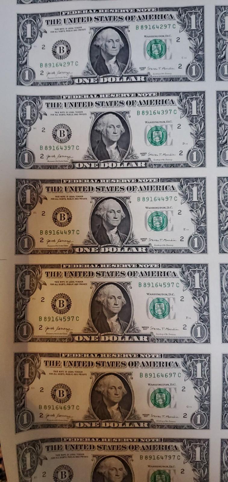 Uncut Sheet 50 Notes 2017 $1 FRN One Dollar Bills New York District UNC