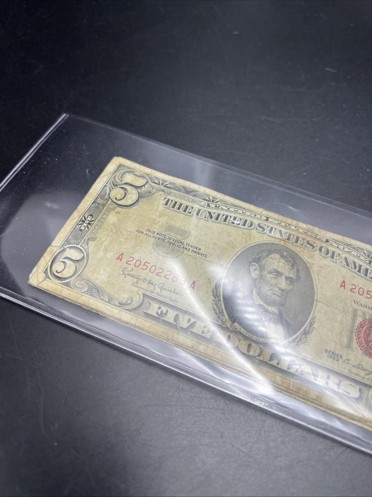 Lot Of 5 1963 USN United States Red Seal $5 Five Dollar Bill Notes G / VG #283