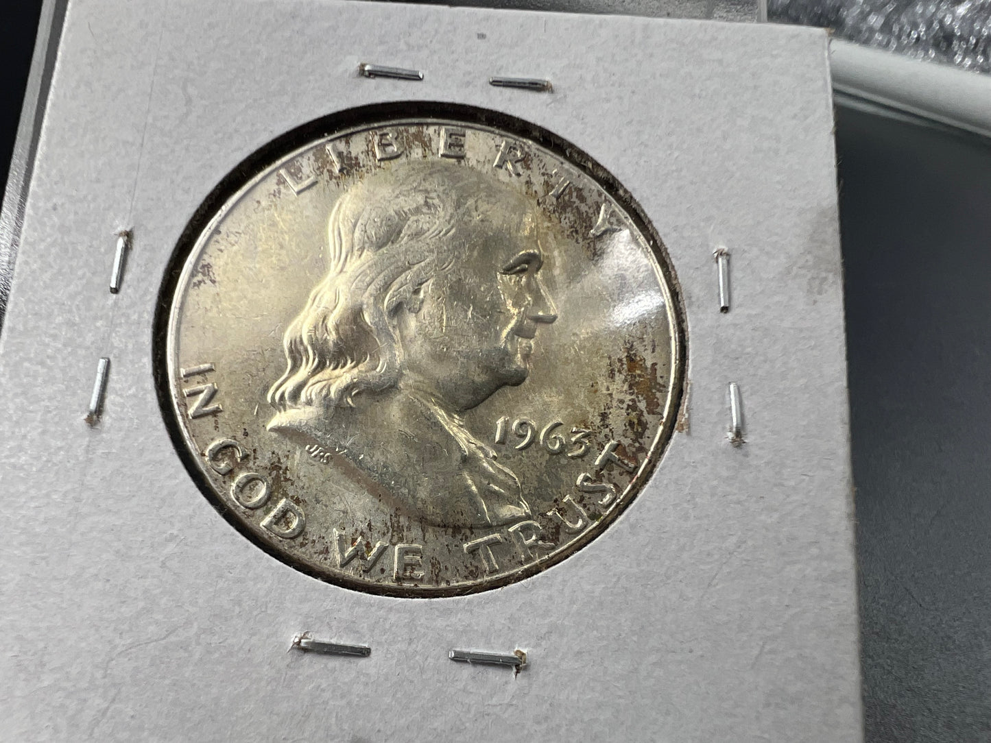 1963 D 50c Franklin Silver Half Dollar Coin XF / AU PQ Toning Reverse