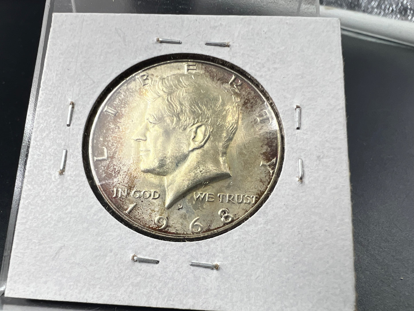 1968 D 50c Kennedy 40% Silver half dollar Coin AU PQ Toning Reverse