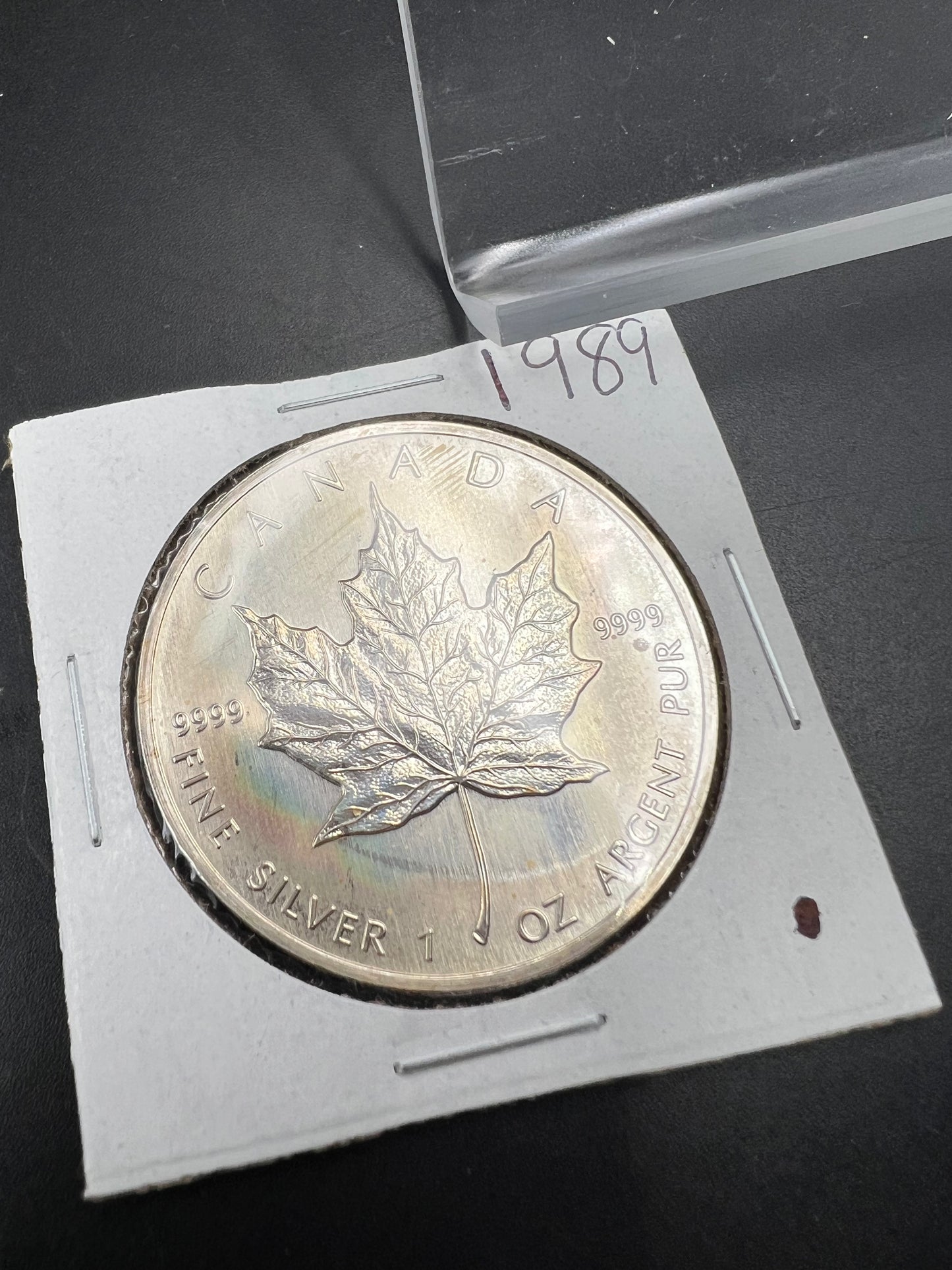 1989 1 oz .9999 Ultra Fine Canada Silver Maple Leaf Coin GEM UNC PQ Toning Toner sk#b