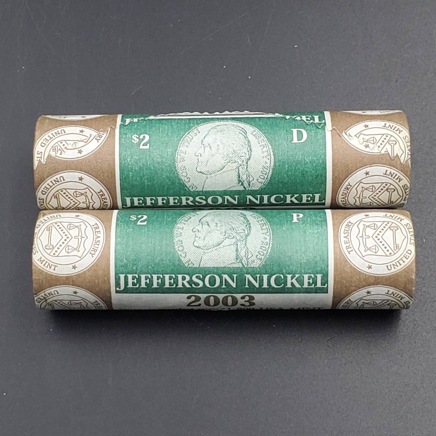 2 Rolls 2003 P and D Jefferson Nickel westward journey Nickels Privateer Ship Design 80 coins BU Rolls OBW Mint wrap