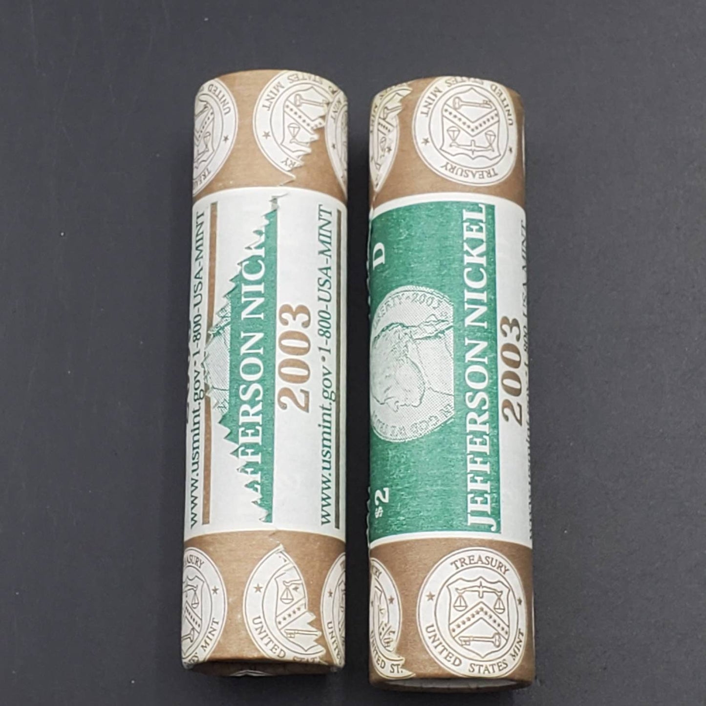 2 Rolls 2003 P and D Jefferson Nickel westward journey Nickels Privateer Ship Design 80 coins BU Rolls OBW Mint wrap