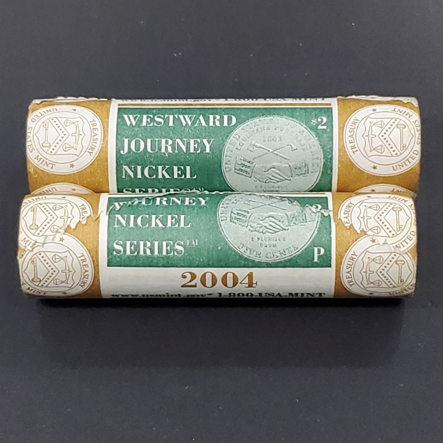 2 Rolls 2004 P and D Jefferson Nickel Peace Hand shake 80 coins BU OBW Mint Wrap Roll