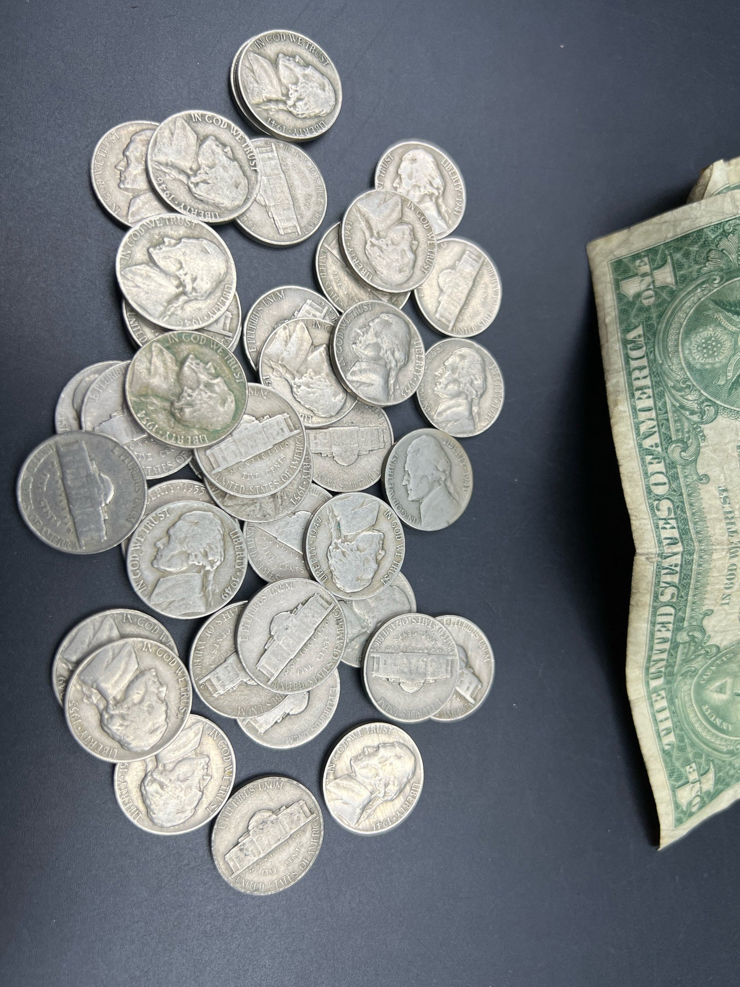 Greaser Era Pocket Money 1946-1959 40 Coin Nickel Roll AVG Circ & 3 1957 Silver Certificates Very Circulated US Coin Currency Collection Lot