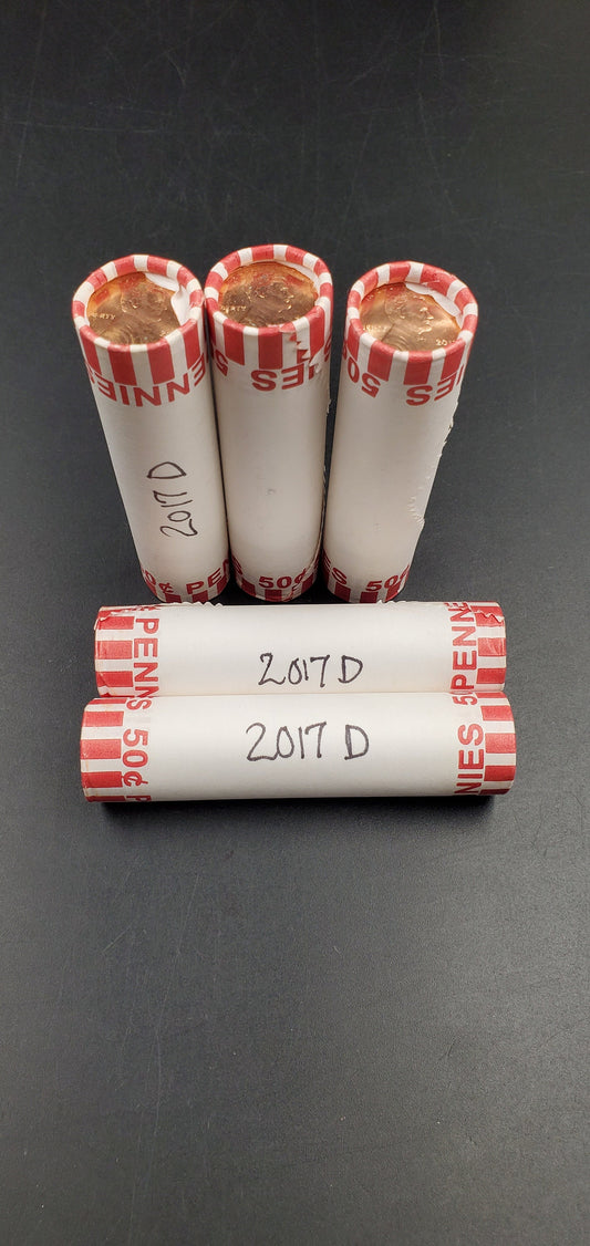 1 Unopened 2017 D Lincoln Memorial Cent Penny BU in Bank Wrap Uncirculated 50 Coins roll