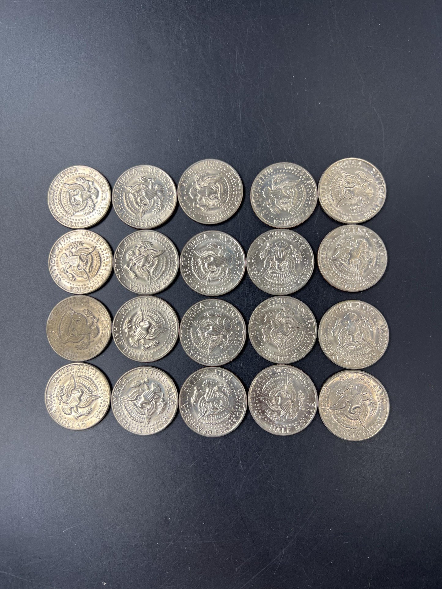 20 Coin BU Roll 1971 D 50c Kennedy Copper Nickel Half Dollar Coins Uncirculated with end of roll toned coin pair