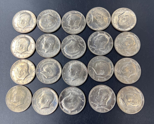 20 Coin BU Roll 1971 D 50c Kennedy Copper Nickel Half Dollar Coins Uncirculated with end of roll toned coin pair