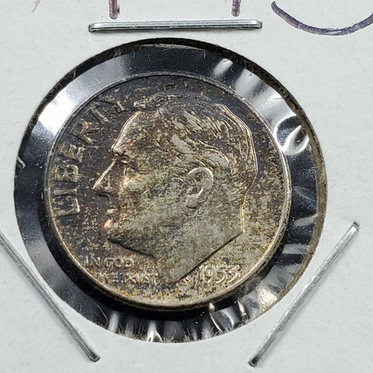 1953 P Roosevelt Silver Dime AU / UNC Uncirculated Neat Toning Toner OBV