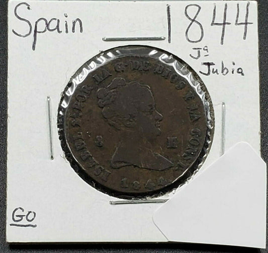 1844 ISABEL II 8 MARAVEDIS JUBIA GENUINE OLD SPAIN SPANISH ESPAÑA VF / XF NICE !