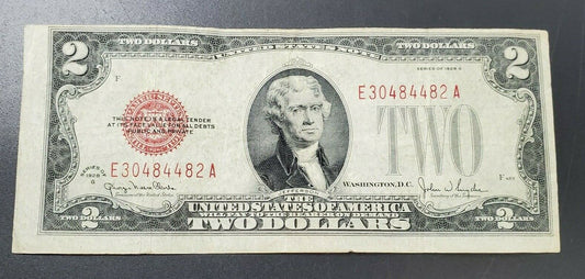 1928 G $2 Red Seal UNITED STATES NOTE OFF CENTER PRINT ERROR CIRCULATED