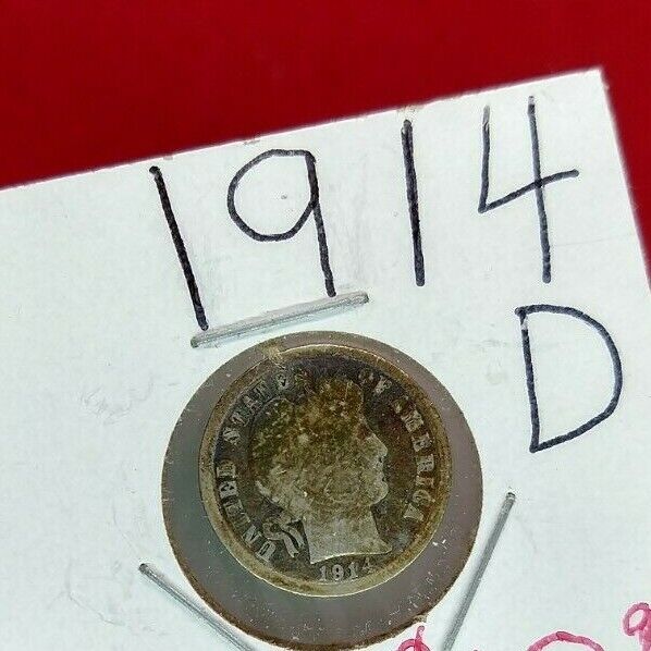 1914 D Barber DIME Silver Coin Average Circulated Neat Toning Obverse