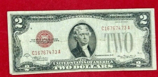 1928 D $2 MULE Red Seal United States Note Bill Microplate REV Legal Tender Fine